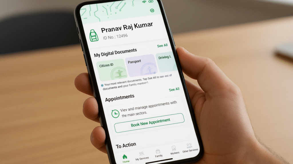 Smartphone screen showing an expat's digital documents and appointment options via the Transport General Authority's integrated mobile platform.