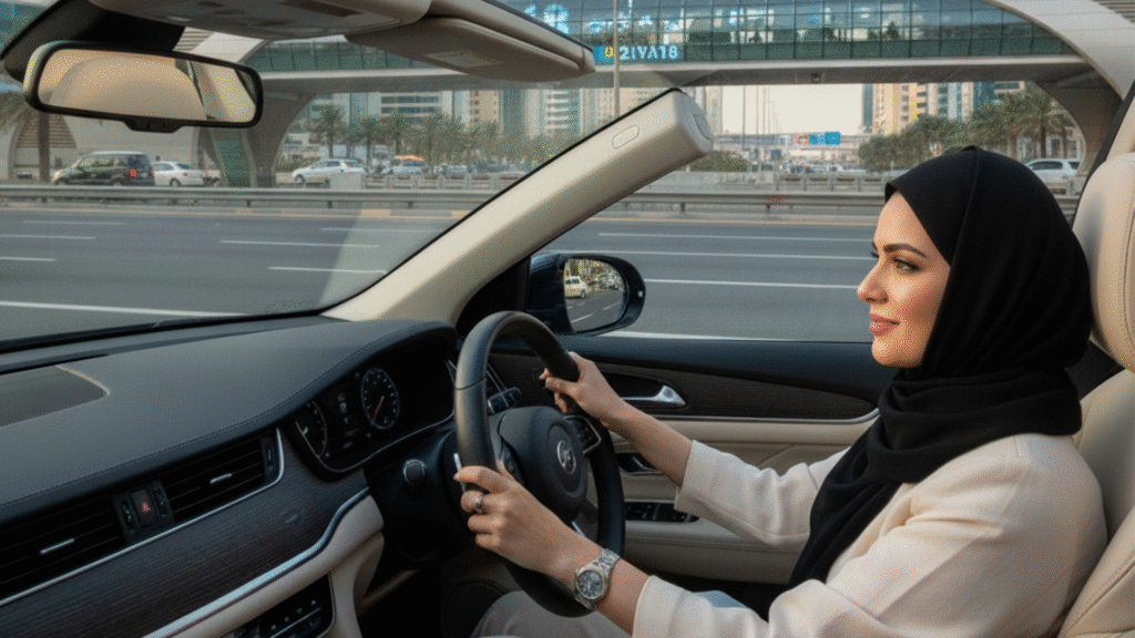 Female expat driving confidently in Saudi Arabia, symbolizing full driving rights regulated by the Transport General Authority.