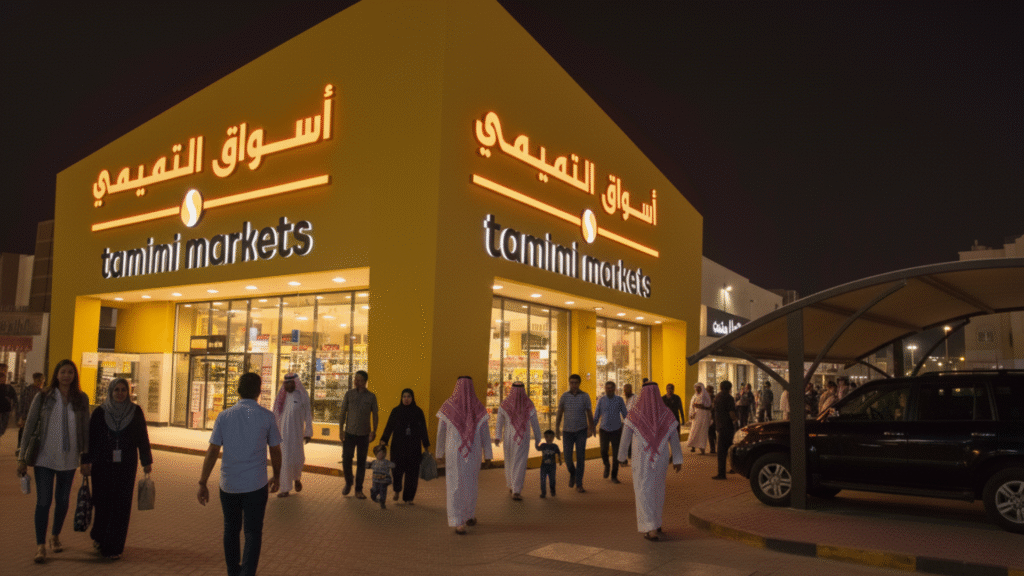 Tamimi Markets superstore at night, a common shopping destination for families and Expatriates in Riyadh purchasing groceries and essentials.