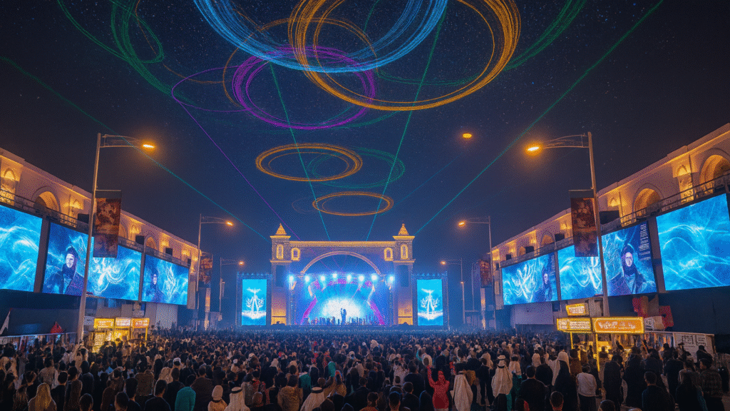 Large crowd attending an outdoor music festival or spectacle at night in Riyadh, featuring a bright stage and laser projections, highlighting leisure for Expatriates in Riyadh.