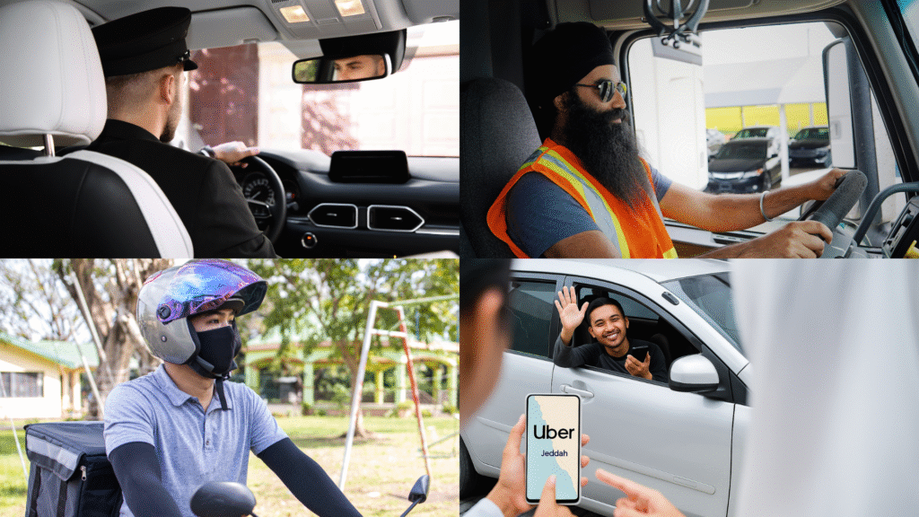 Driver Jobs in Saudi Arabia: Split-image showing four types of drivers in Saudi Arabia — delivery rider in Madinah, chauffeur in Riyadh, trucker in Dammam, and Uber driver in Jeddah.