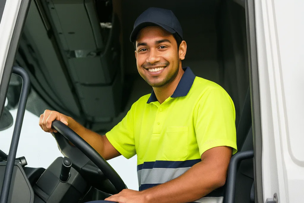 Professional truck driver in yellow safety uniform smiling from driver's seat, representing career opportunities in driver jobs in Riyadh