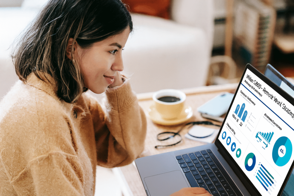 Online jobs in saudi arabia - Young woman working on a laptop from home, representing online and remote job opportunities.