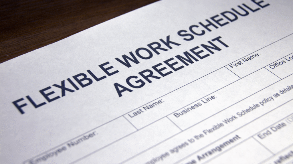 Close-up of a flexible work schedule agreement document showing fields for employee details, used for part-time job contracts in Riyadh.