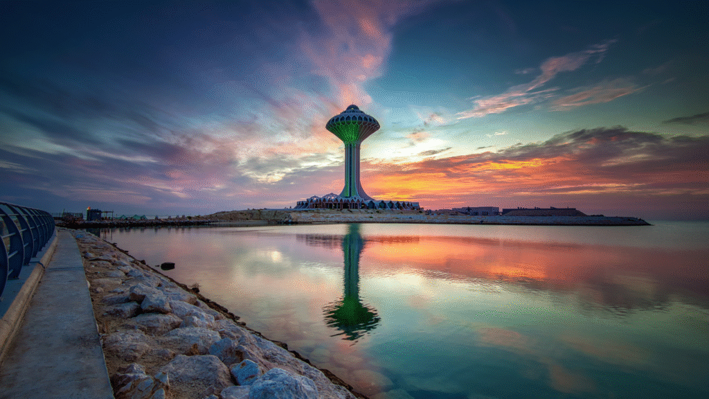 Eastern Province Saudi Arabia - Al Khobar Corniche waterfront with palm trees and walking path