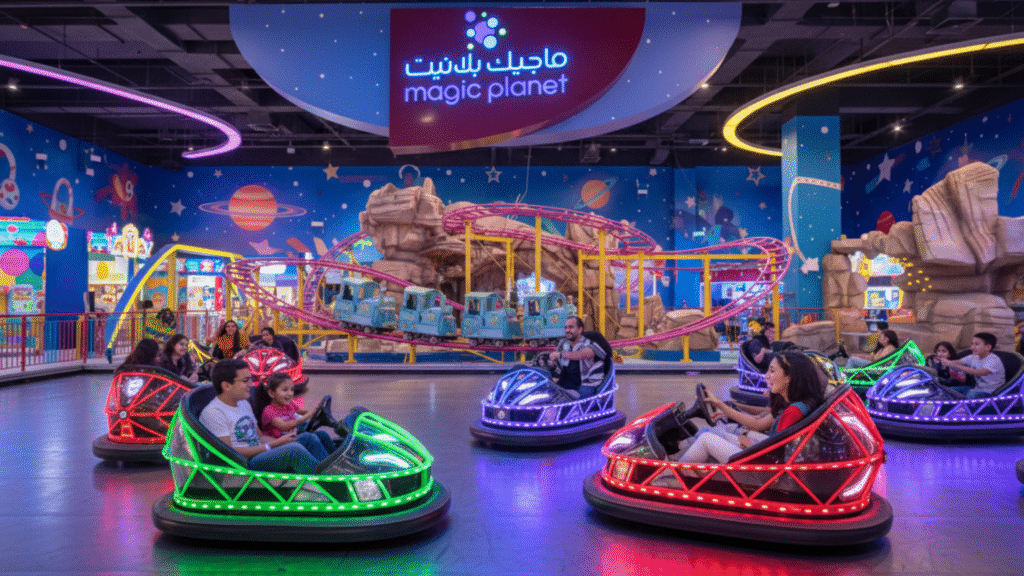 Families and kids enjoying bumper cars and arcade games at Magic Planet inside Riyadh Park Mall.