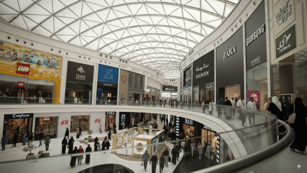 Interior of Riyadh Park Mall with luxury and international brand stores like Balmain, Zara, Samsung, H&M, and LEGO, bustling with shoppers.