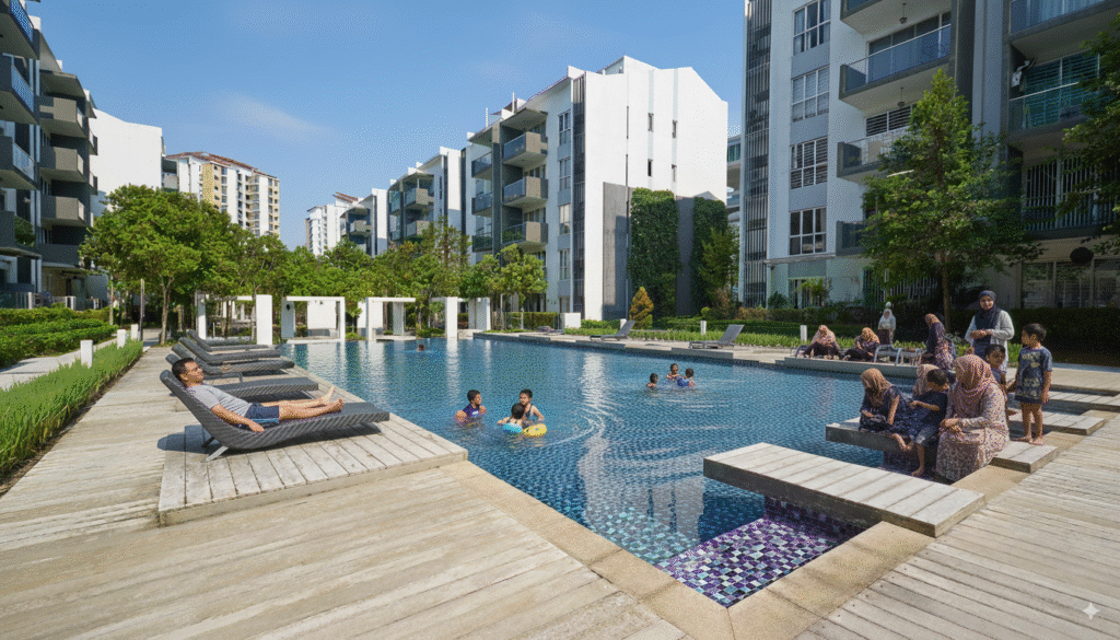 Modern residential complex with swimming pool, families relaxing and children playing – Apartment for Rent in Riyadh for Expatriates
