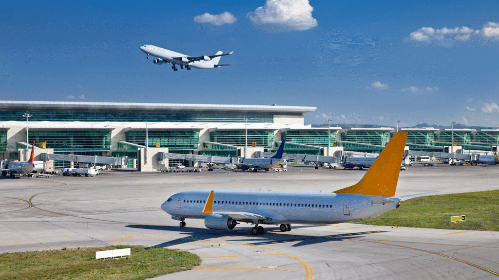 Airplanes on the runway at King Abdulaziz International Airport in Jeddah, showing job opportunities for expatriates in aviation and ground services.