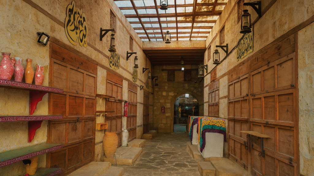 Yanbu historic market corridor with wooden doors, lanterns, colorful fabrics and pottery – traditional heritage of Yanbu Saudi Arabia