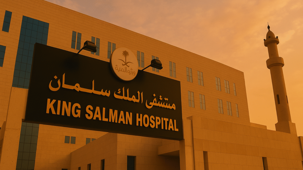 Panoramic view of King Salman Hospital building with warm sunset lighting and a minaret on the side
