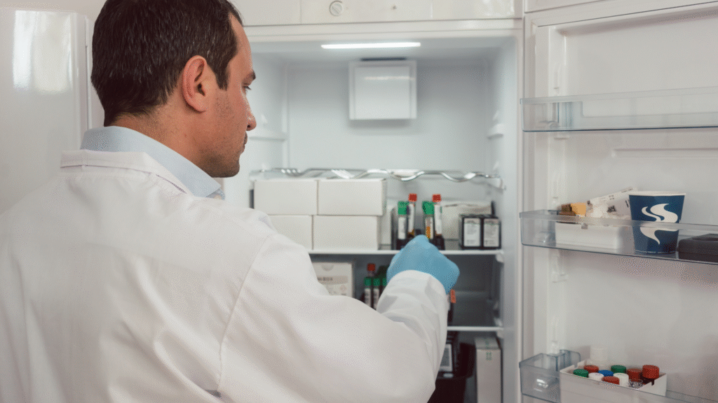 Laboratory technician at King Salman Hospital storing and checking medical samples inside a refrigerator for proper preservation.