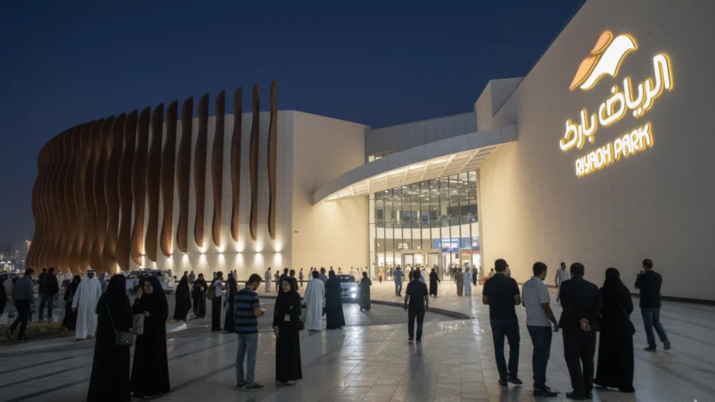 Main entrance of Riyadh Park Mall at night, with visitors walking in front of the modern glass façade.