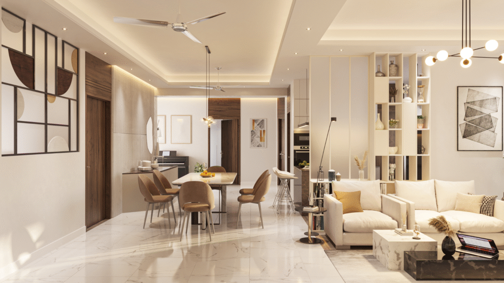 Elegant modern apartment interior with open living and dining area, stylish furniture, and warm lighting – Apartment for Rent in Riyadh for Expatriates