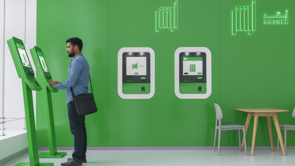 Expatriate using Absher digital self-service kiosks for Saudi driving license application and government services in modern service center