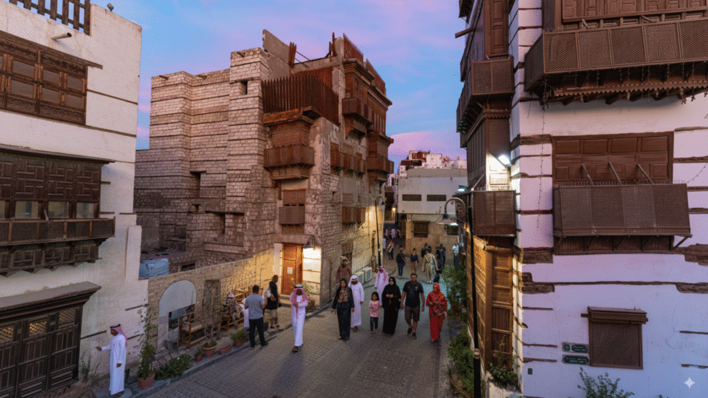 Historic Al-Balad district in Jeddah showing traditional coral stone buildings and wooden balconies at sunset, offering cultural immersion for expatriates in Jeddah.