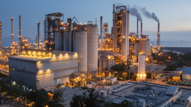 Oil refinery in Jubail at dusk with industrial smokestacks, highlighting the energy sector and opportunities for expatriates in Jubail.