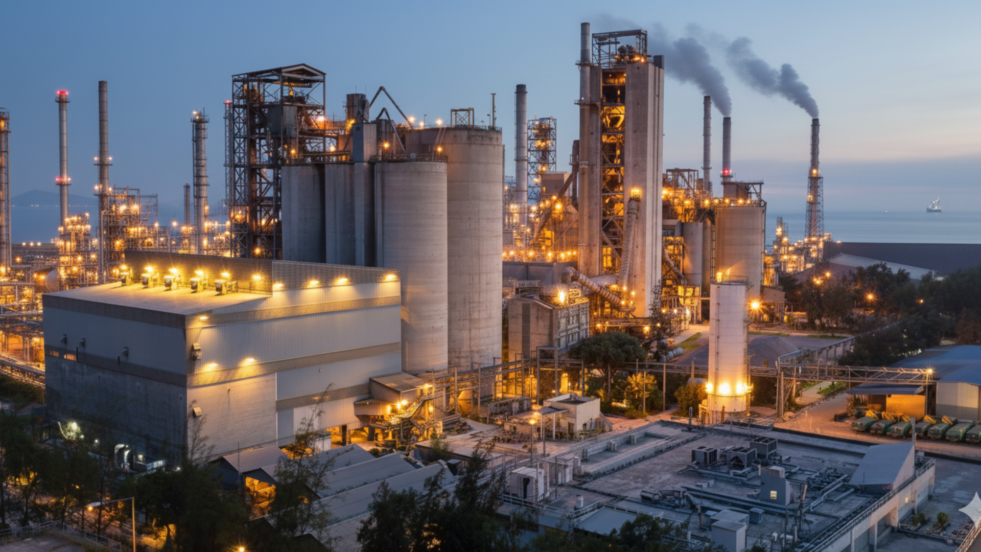 Oil refinery in Jubail at dusk with industrial smokestacks, highlighting the energy sector and opportunities for expatriates in Jubail.