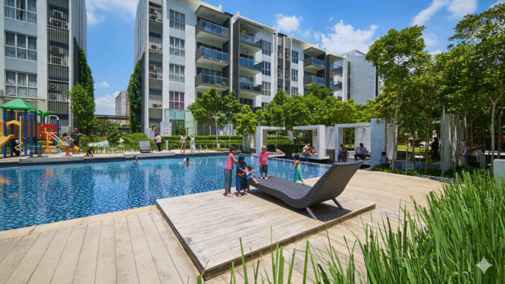 Modern residential compound in Jubail with swimming pool, families, and green spaces, popular among expatriates in Jubail.