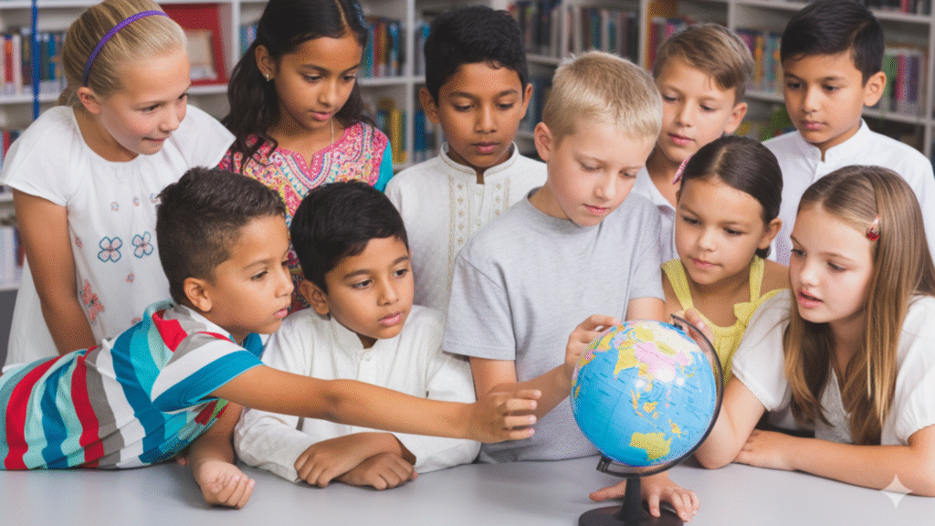 Group of international school children in Jubail learning together around a globe, symbolizing education for expatriates in Jubail.