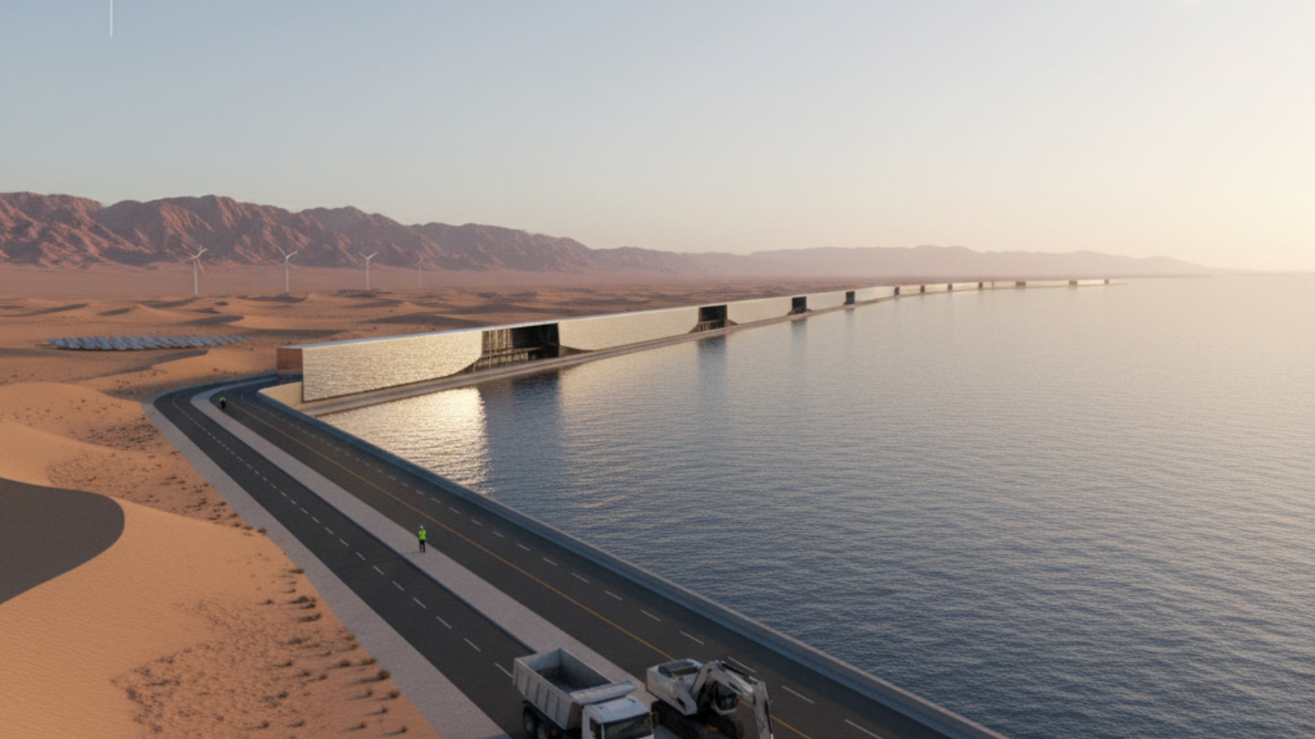 Expatriates jobs in neom megaproject showing futuristic infrastructure along Red Sea coast with desert landscape