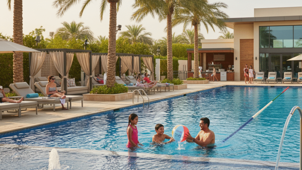 Expatriate family enjoying recreational facilities at Aramco residential compound - pool area with modern amenities and palm trees