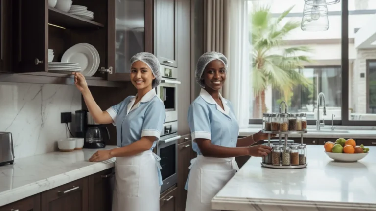Two domestic workers from the Philippines and Ethiopia collaborating in a bright kitchen, showing teamwork, care, and dedication to their work.