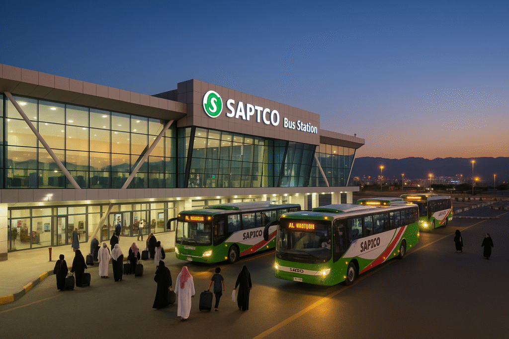 Evening scene outside the SAPTCO bus station in Khamis Mushait with people, including expatriates, boarding green and white buses under a colorful sunset sky.