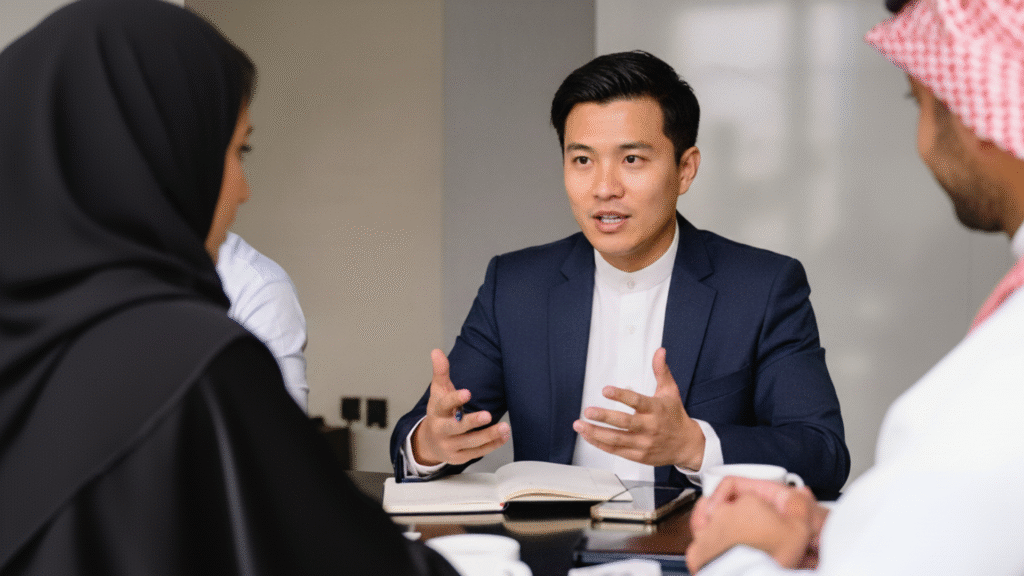 Expatriates jobs in abha business meeting discussing work culture and hiring in Aseer region