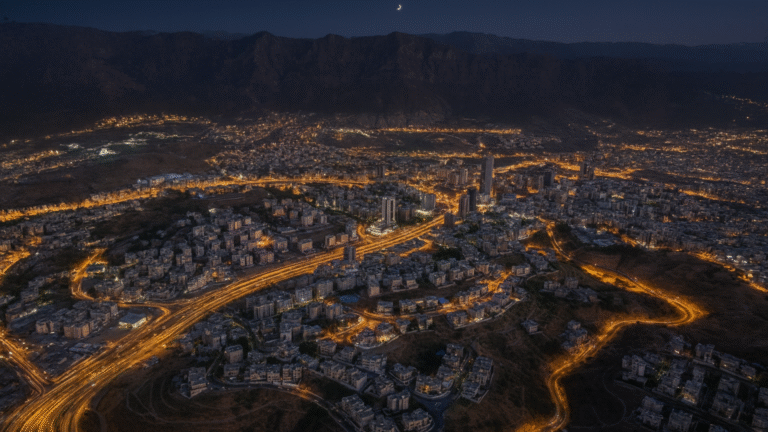 Realistic aerial night view of Khamis Mushait with illuminated roads, high-rise buildings, and surrounding mountains under a crescent moon – reflecting the life of expatriates in the region.