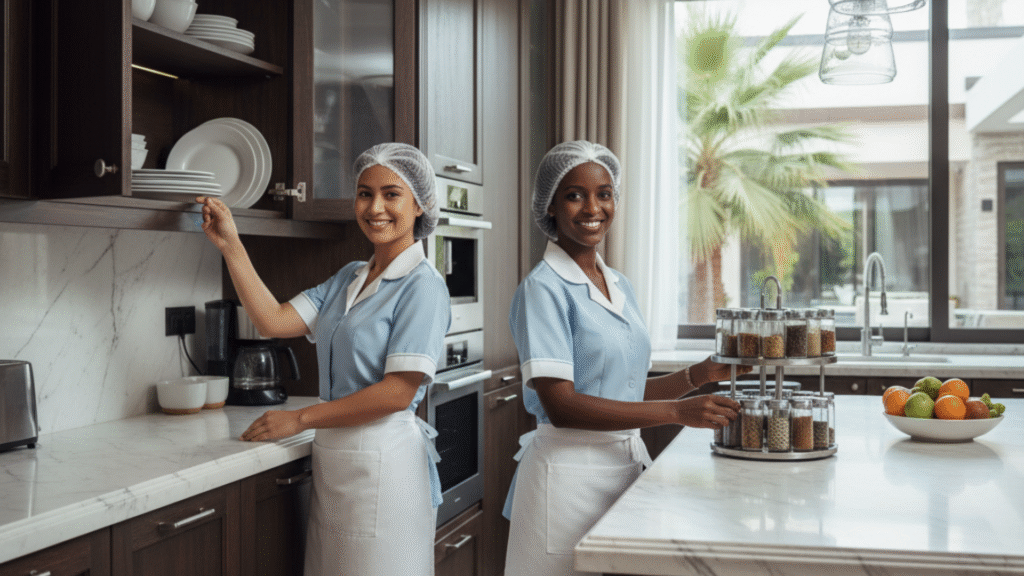 Two domestic workers from the Philippines and Ethiopia collaborating in a bright kitchen, showing teamwork, care, and dedication to their work.