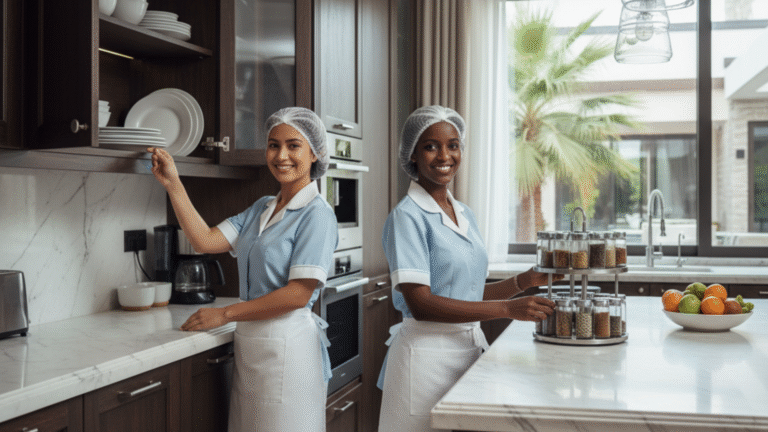 Two domestic workers from the Philippines and Ethiopia collaborating in a bright kitchen, showing teamwork, care, and dedication to their work.