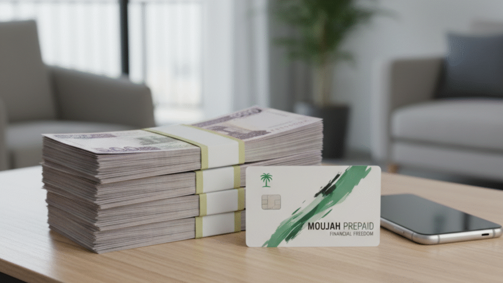 Stacks of Saudi Riyal banknotes with Moujah prepaid card for domestic workers salary payment Saudi Arabia