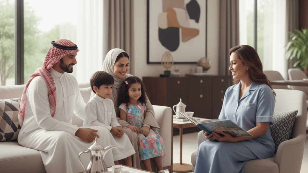 Saudi family and domestic worker in respectful meeting showing trust and positive working relationship in modern home