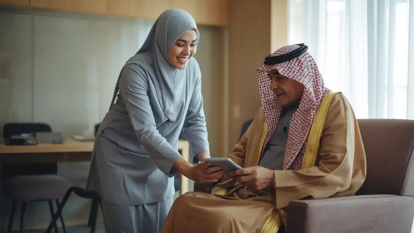 Professional caregiver assisting elderly Saudi patient with mobility at home in Riyadh