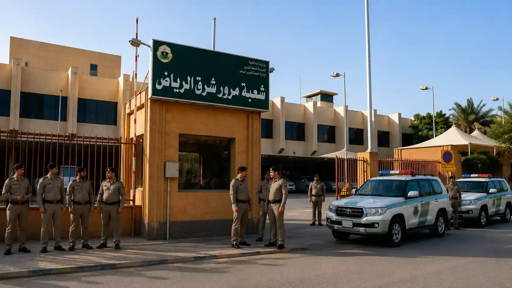 Exterior view of Al Malaz Traffic Police Station in Riyadh for expatriates handling traffic services and vehicle registration